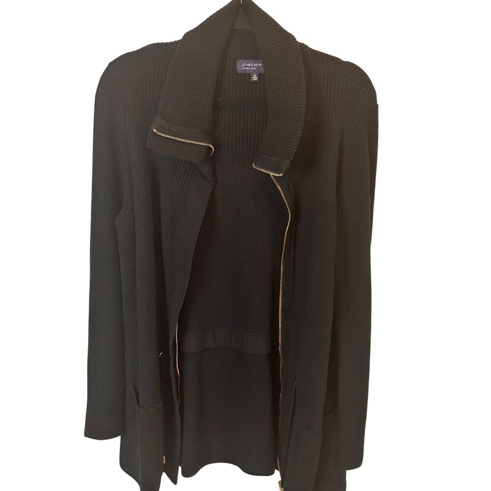 Jones New York Black Ribbed Zip-Front Cardigan